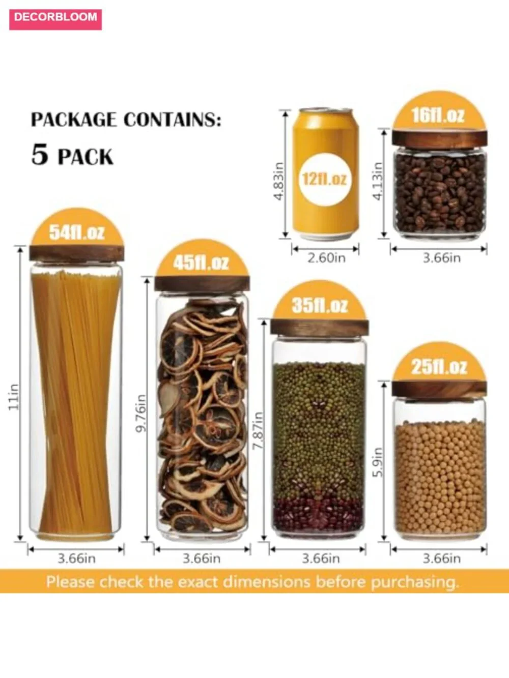 Set of 5 Glass Canisters with Wooden Lids for Kitchen Storage - Airtight